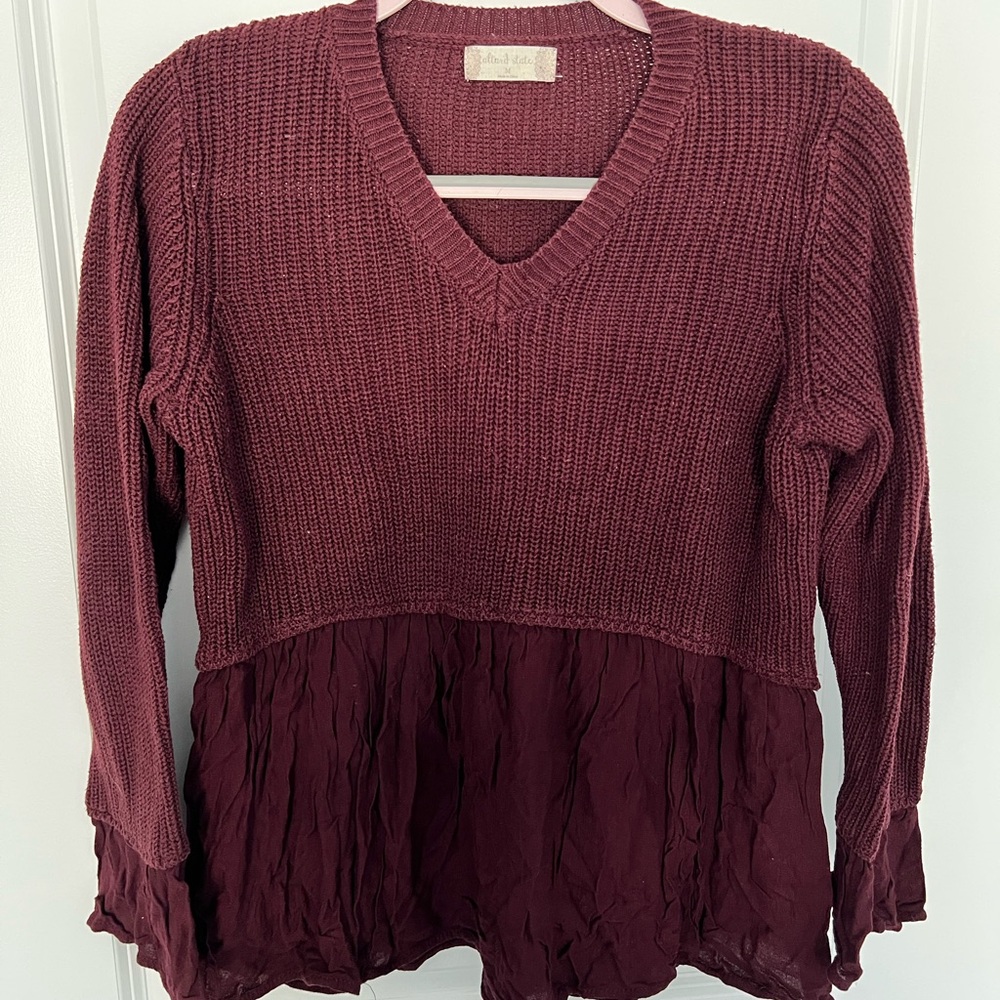 Altar’d State Burgundy V-Neck Sweater with Textured Hem